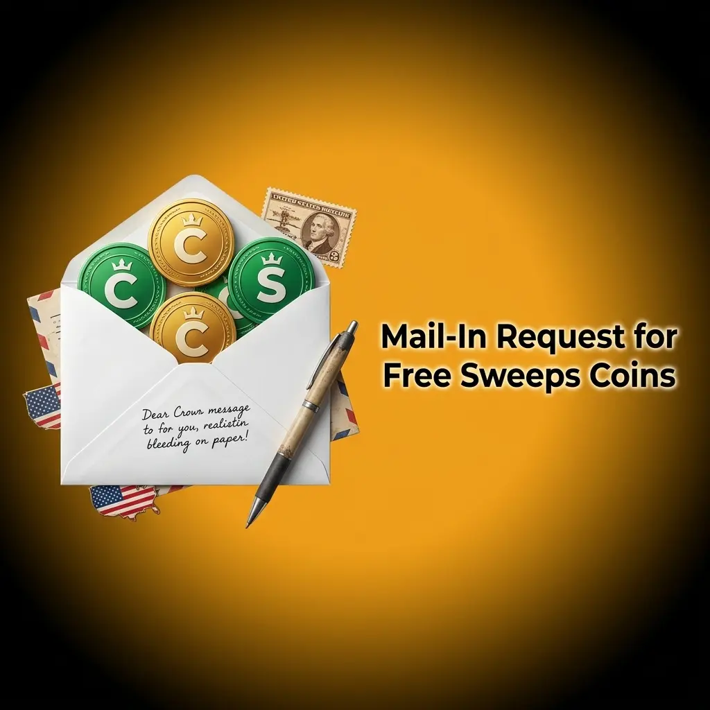Handwritten mail-in request envelope for free Sweeps Coins at Crown Coins Casino under US sweepstakes law compliance