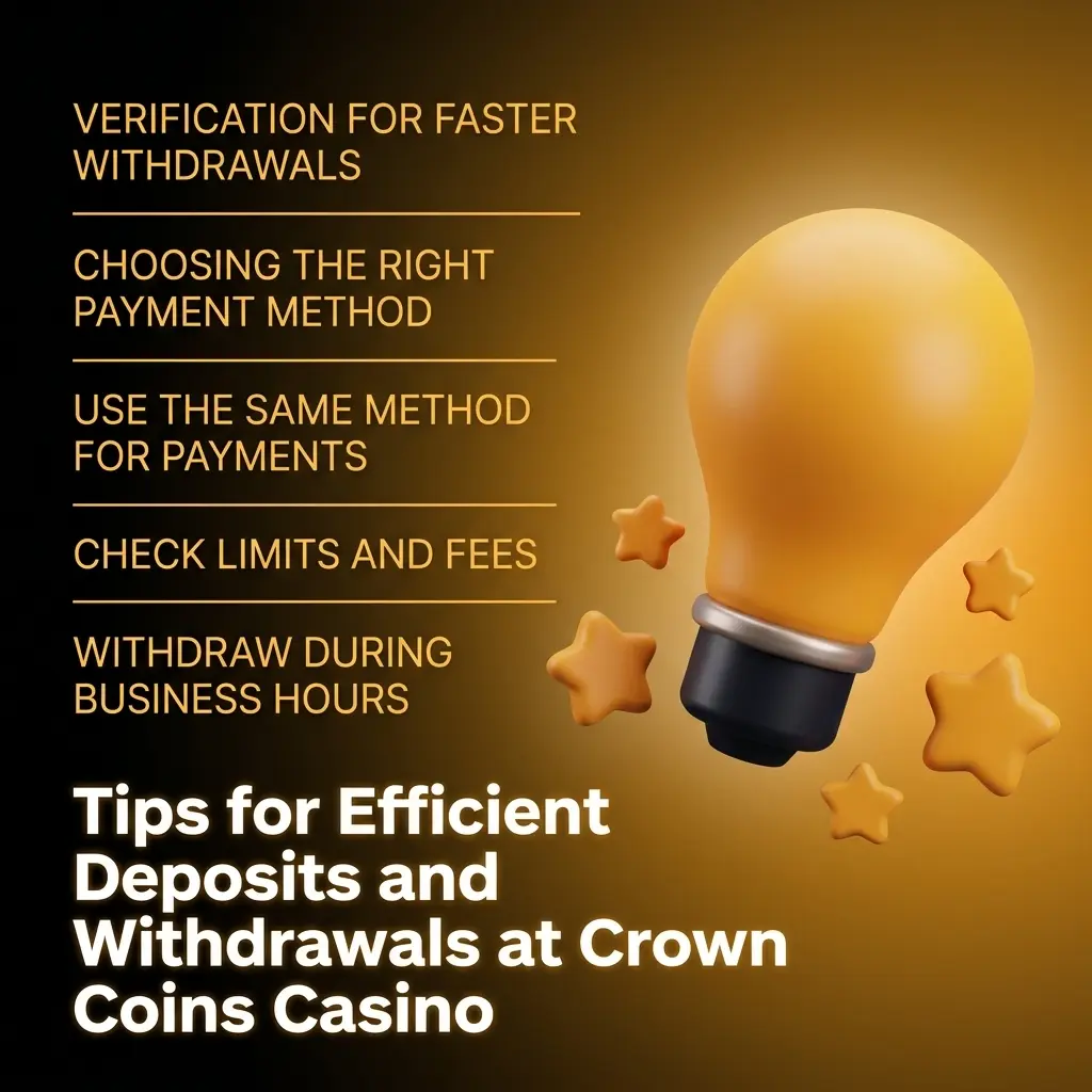 Tips for fast deposits and withdrawals at Crown Coins Casino including KYC verification, payment methods, and transaction limits